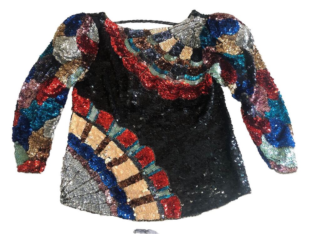 Fairlady Vintage Sequined Silk Blouse Top Black Multicolor New W/ Extra Sequin s